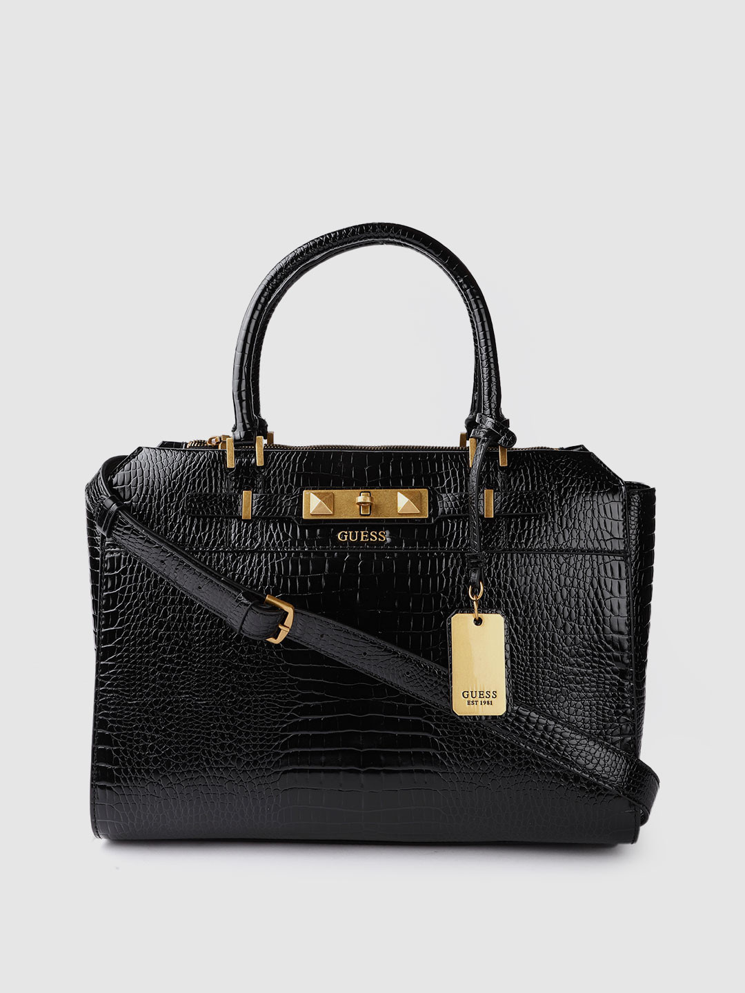 

GUESS Black Croc Textured Structured Handheld Bag