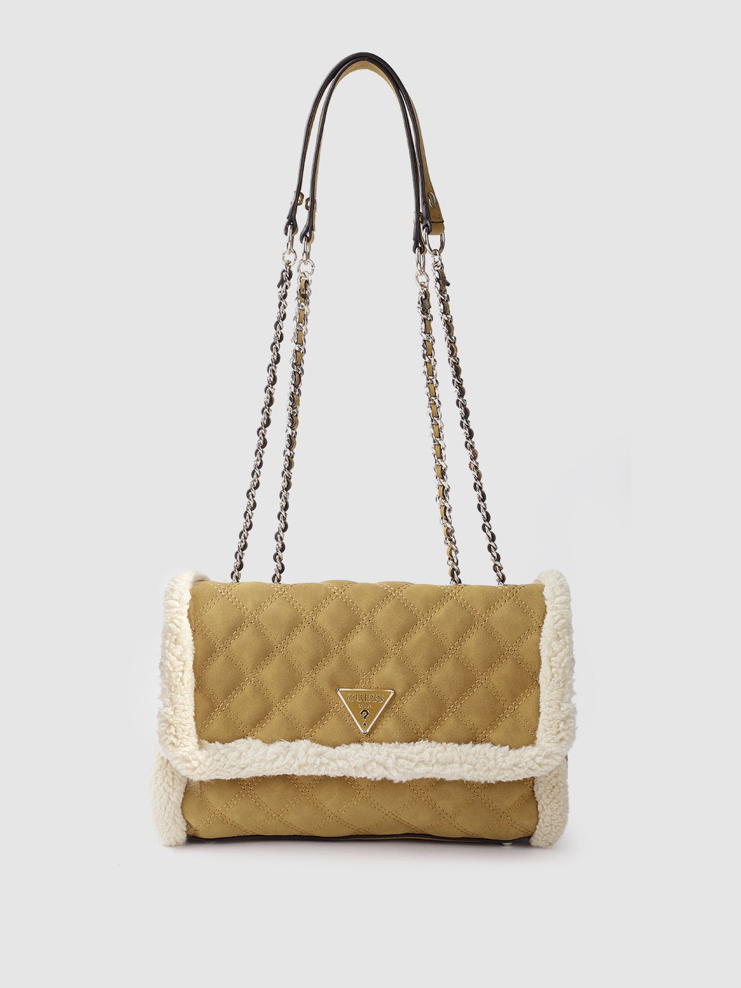 

GUESS Women Tan Brown & Cream-Coloured Quilted Faux Fur Detail Structured Shoulder Bag