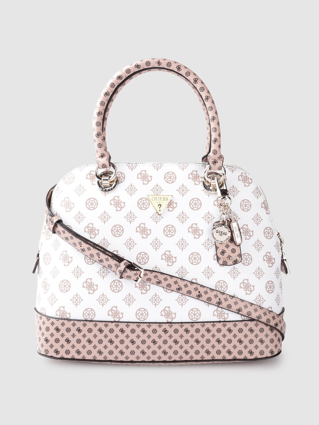 

GUESS Women White & Peach-Coloured Brand Logo Print Structured Handheld Bag