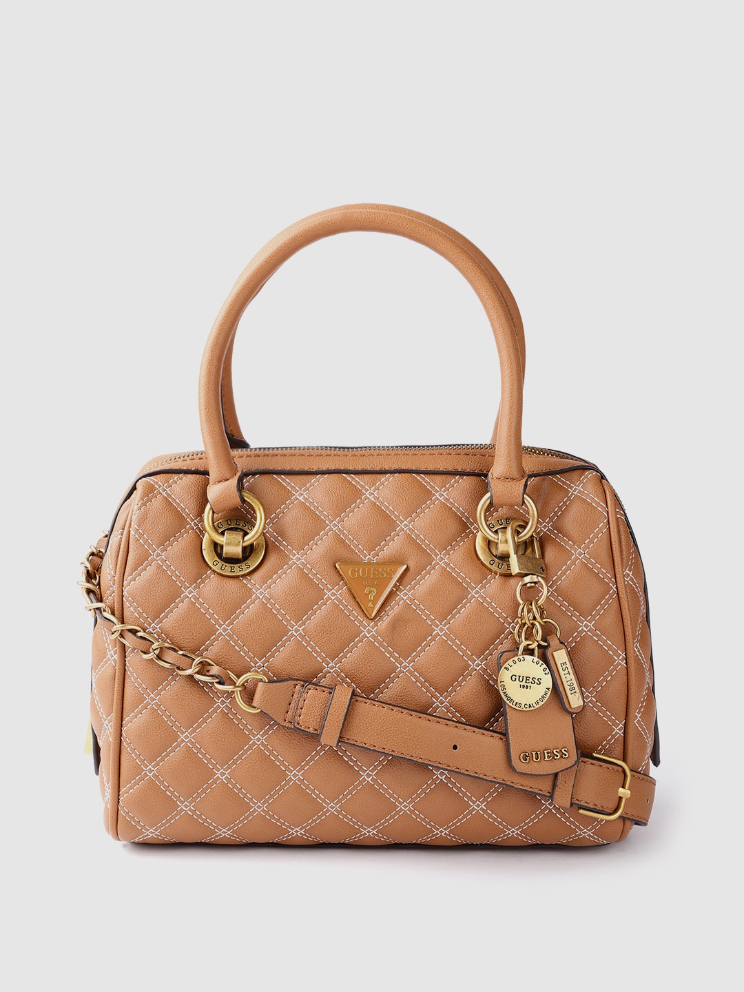 

GUESS Women Tan Brown Quilted Structured Handheld Bag