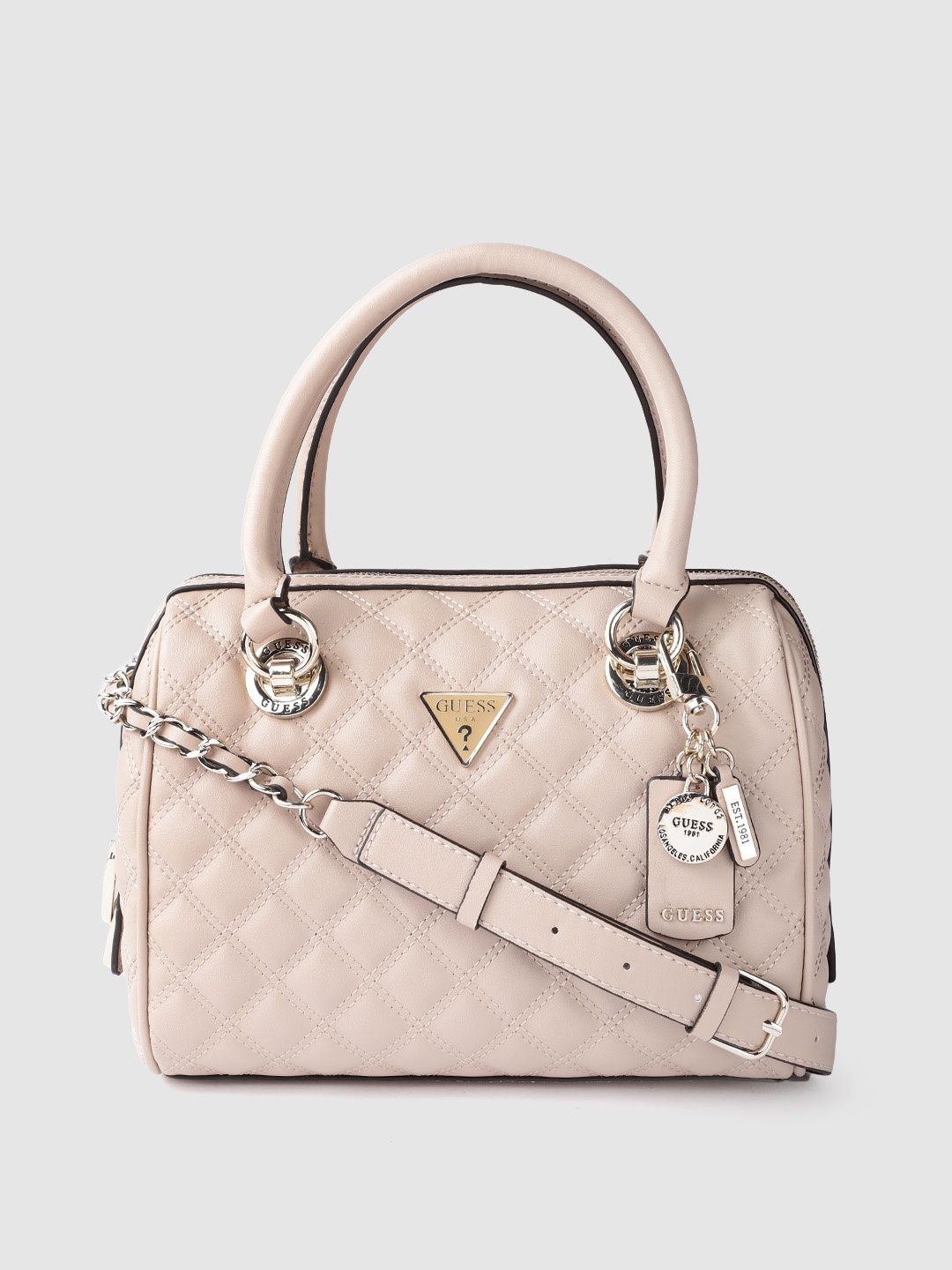 

GUESS Peach-Coloured Quilted Handheld Bag with Detachable Sling Strap & Tab