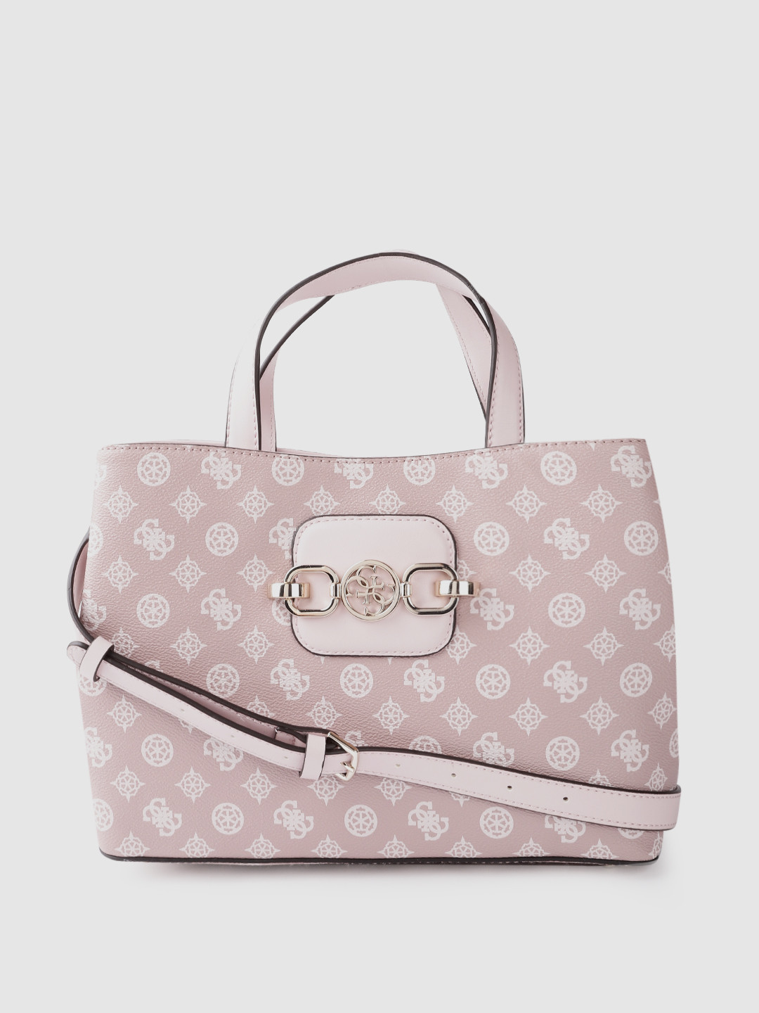 

GUESS Mauve & White Ethnic Motifs Printed Handheld Bag with Detachable Sling Strap