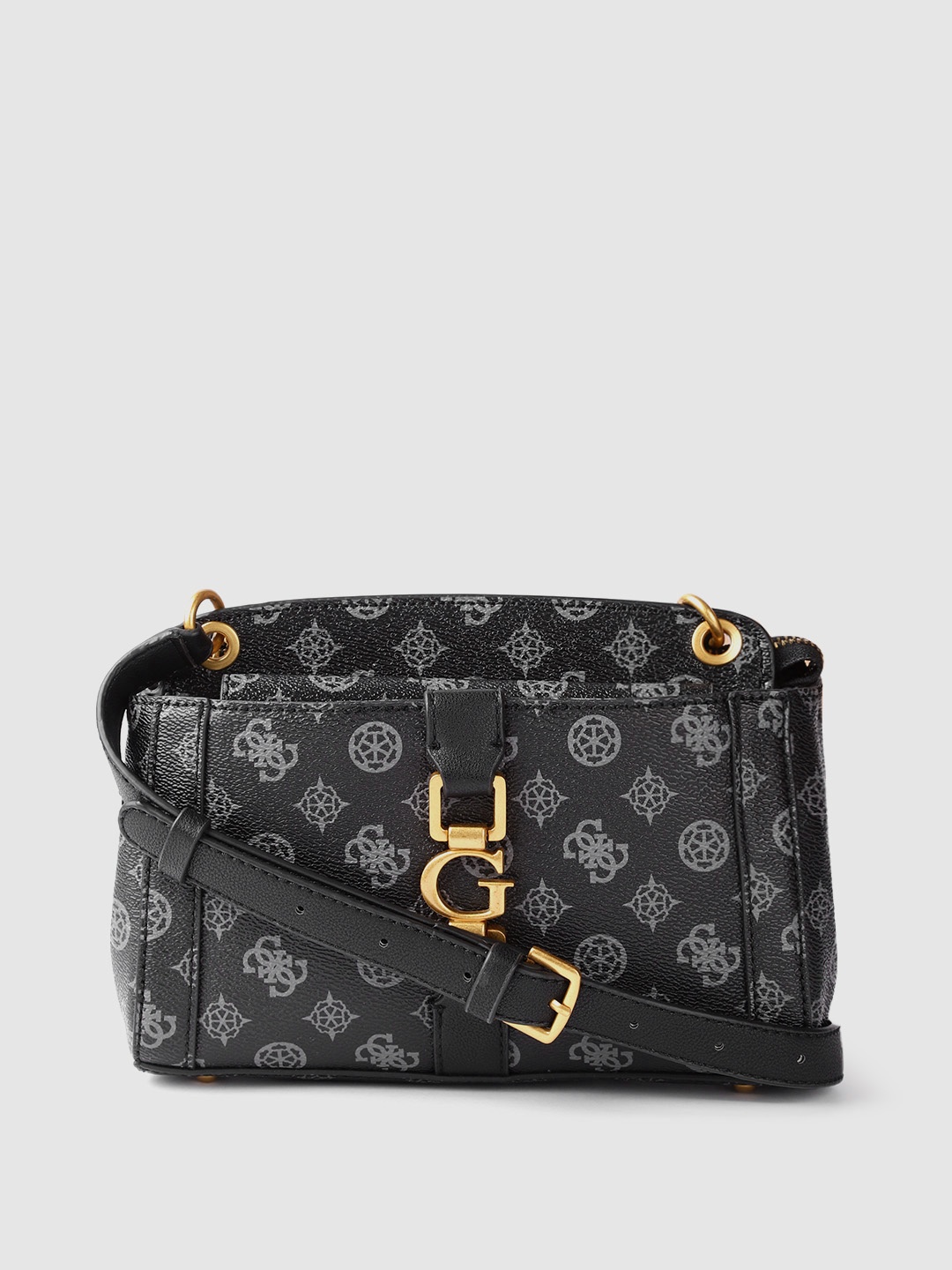 

GUESS Women Black & Grey Brand Logo Printed Structured Sling Bag