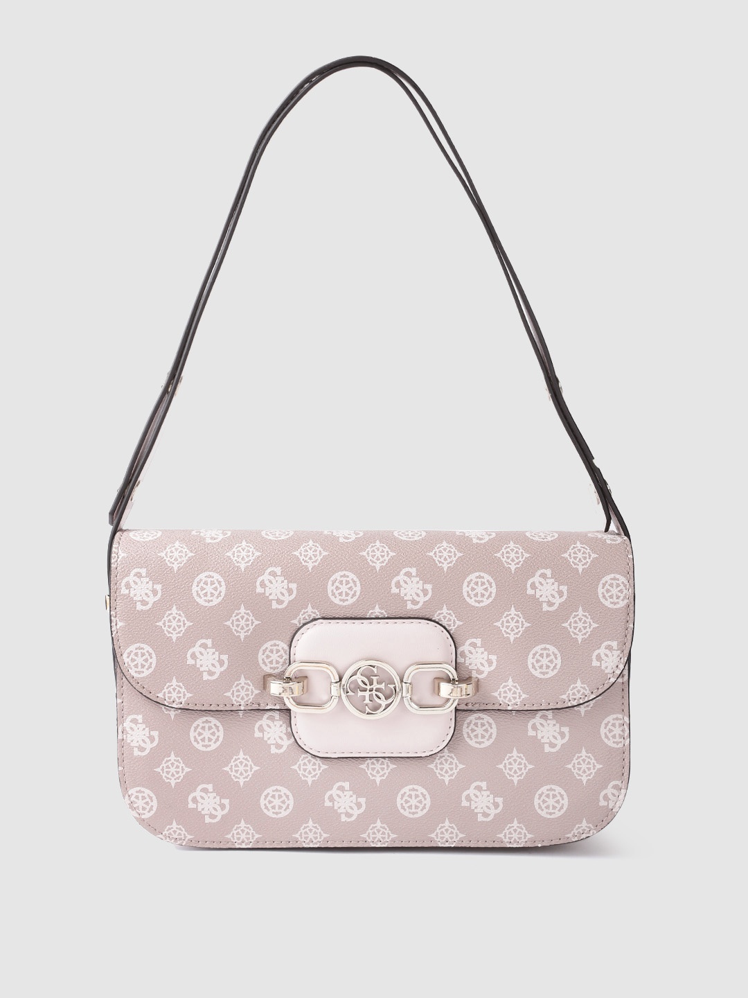 

GUESS Women Dusty Pink & White Brand Logo Printed Structured Sling Bag, Rose