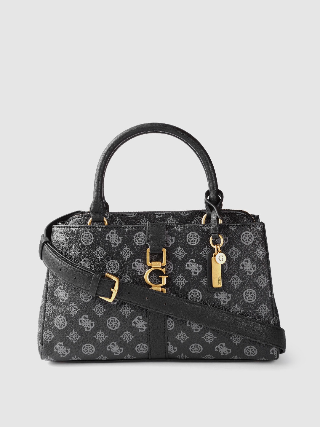 

GUESS Women Black & Grey Brand Logo Printed Structured Handheld Bag