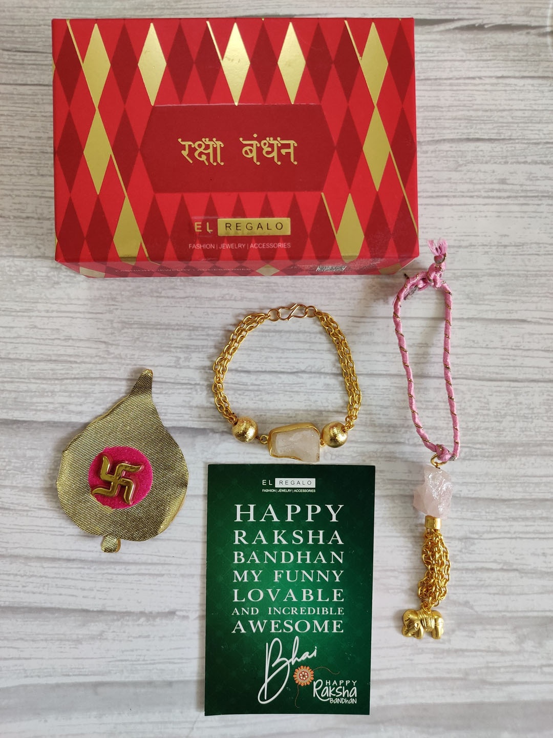 

EL REGALO Set of 2 Rakhi For Bhai & Bhabhi With Greeting Card, Gold