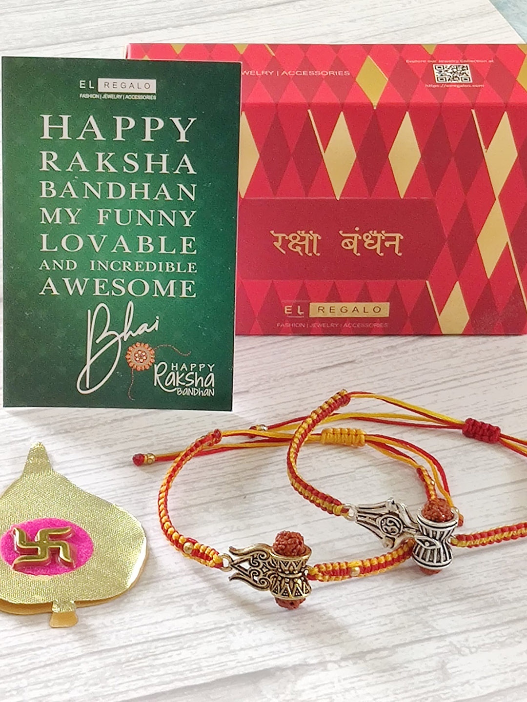 

EL REGALO Set of 2 Rudra Rakhi With Greeting Card, Orange
