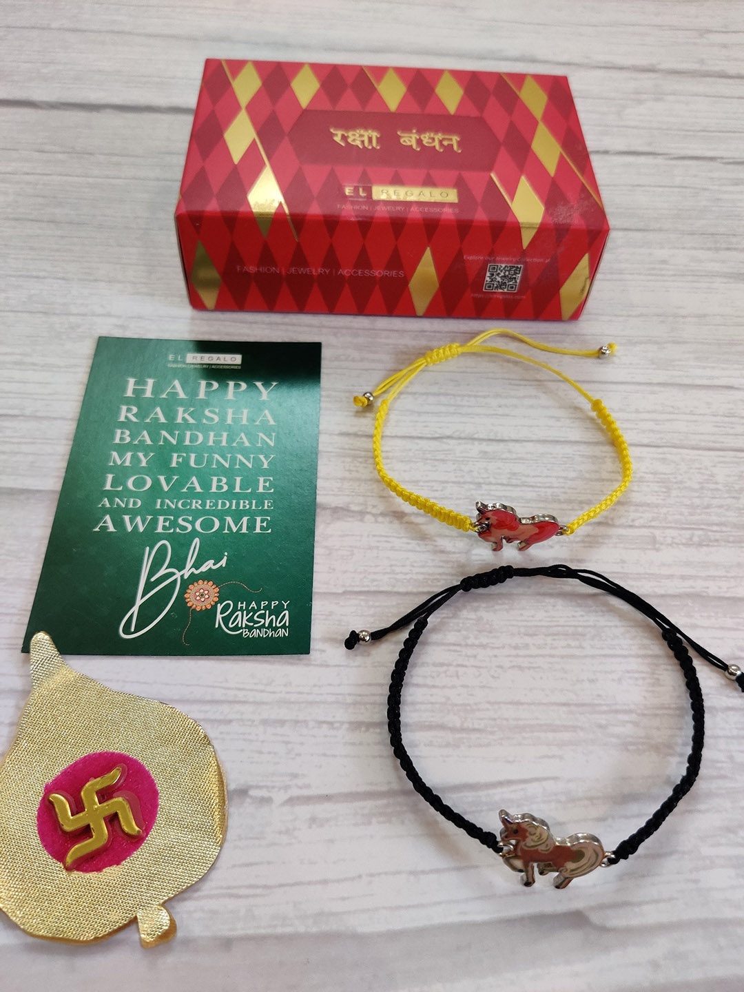 

EL REGALO Pack of 2 Rakhi with Greeting Card & Roli Chawal, Yellow