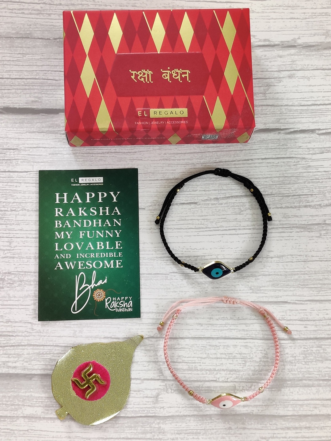

EL REGALO Set of 2 Pink & Black Rakhis with Roli Chawal & Greetings Card
