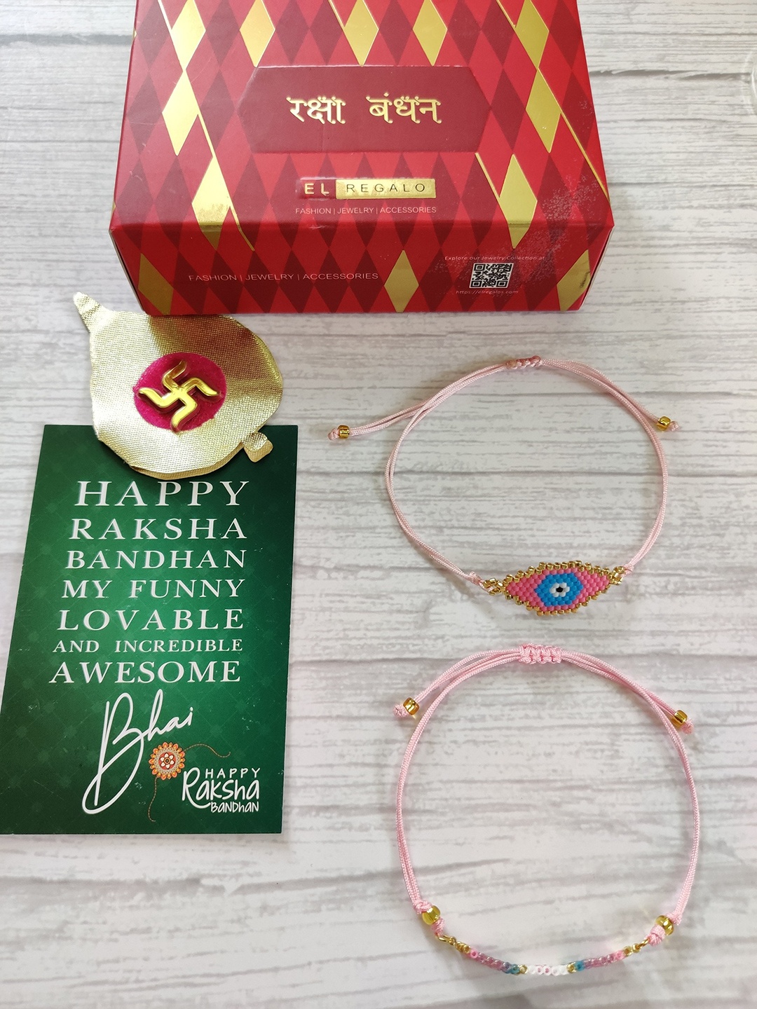 

EL REGALO Set of 2 Beaded Rakhi With Greeting Card, Pink