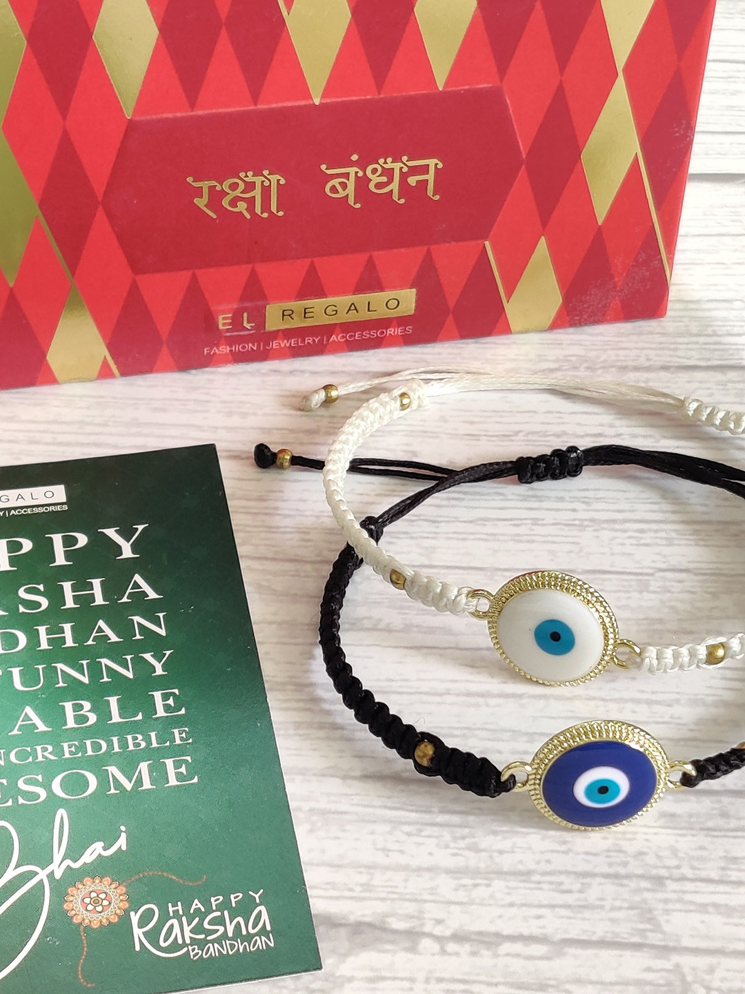 

EL REGALO Black & White Set of 2 Rakhi with Roli Chawal & Greetings Card