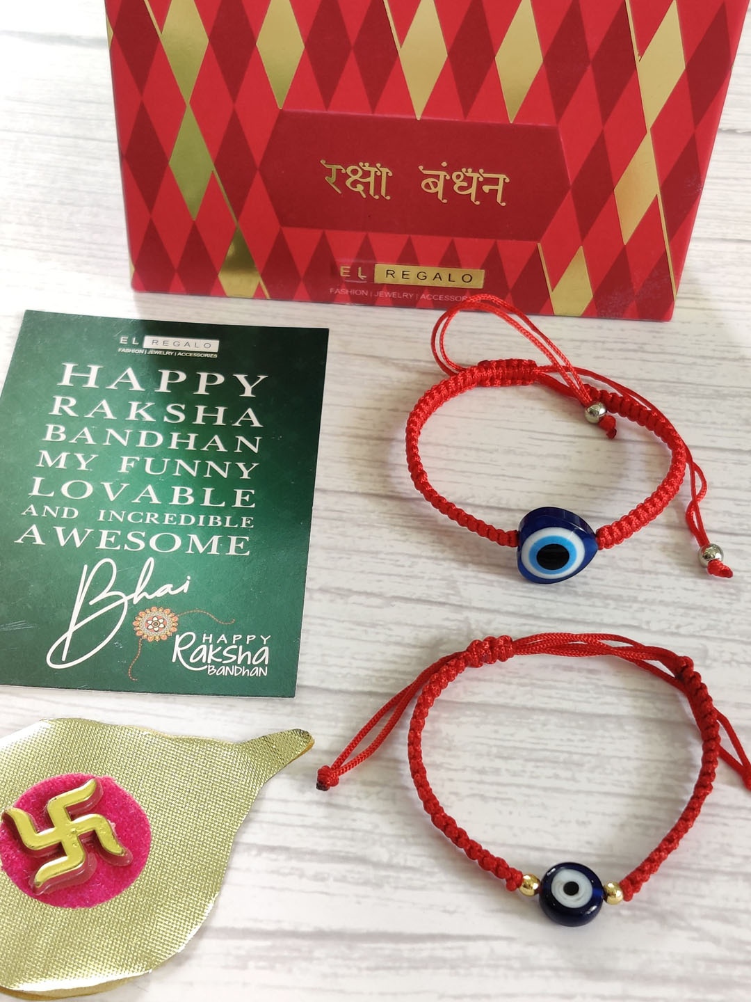 

EL REGALO Pack Of 2 Wraparound Evil Eye Rakhi & Roli Chawal, Red