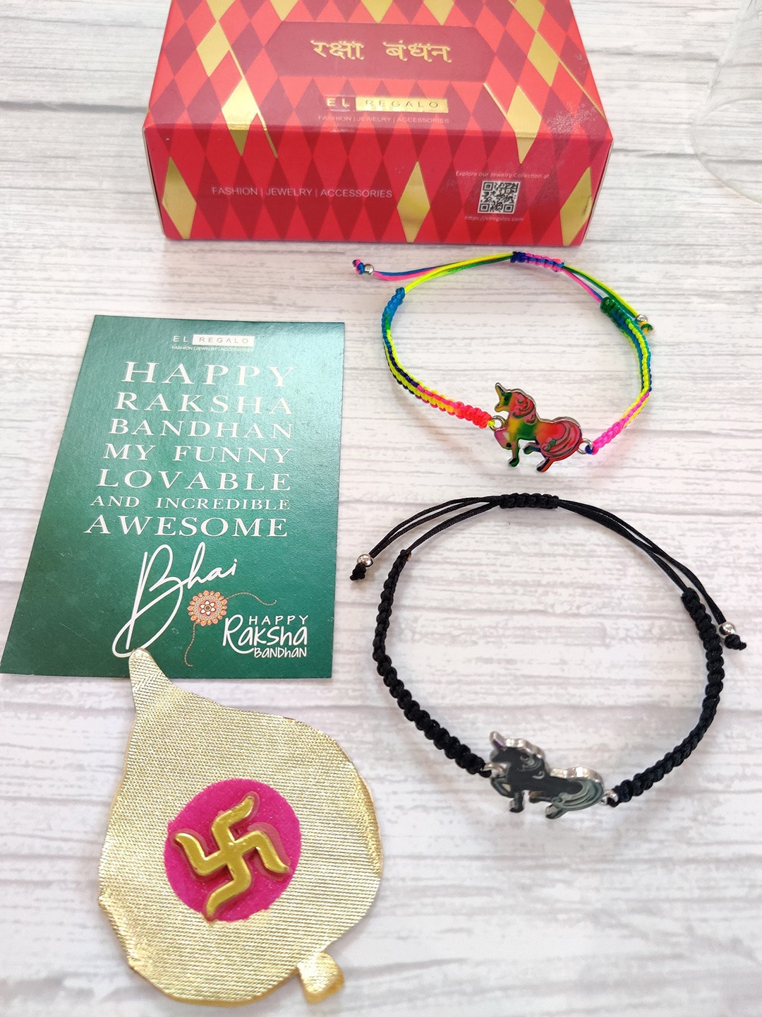 

EL REGALO Set Of 2 Black & Green Unicorn Wrap Around Rakhi With Roli Chawal & Raksha Bandhan Greeting Card