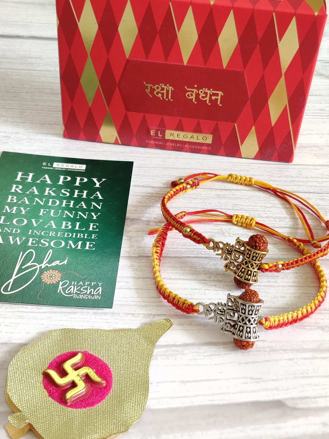 

EL REGALO Set Of 2 Red & Yellow Rudraksh Beaded Rakhi, Silver