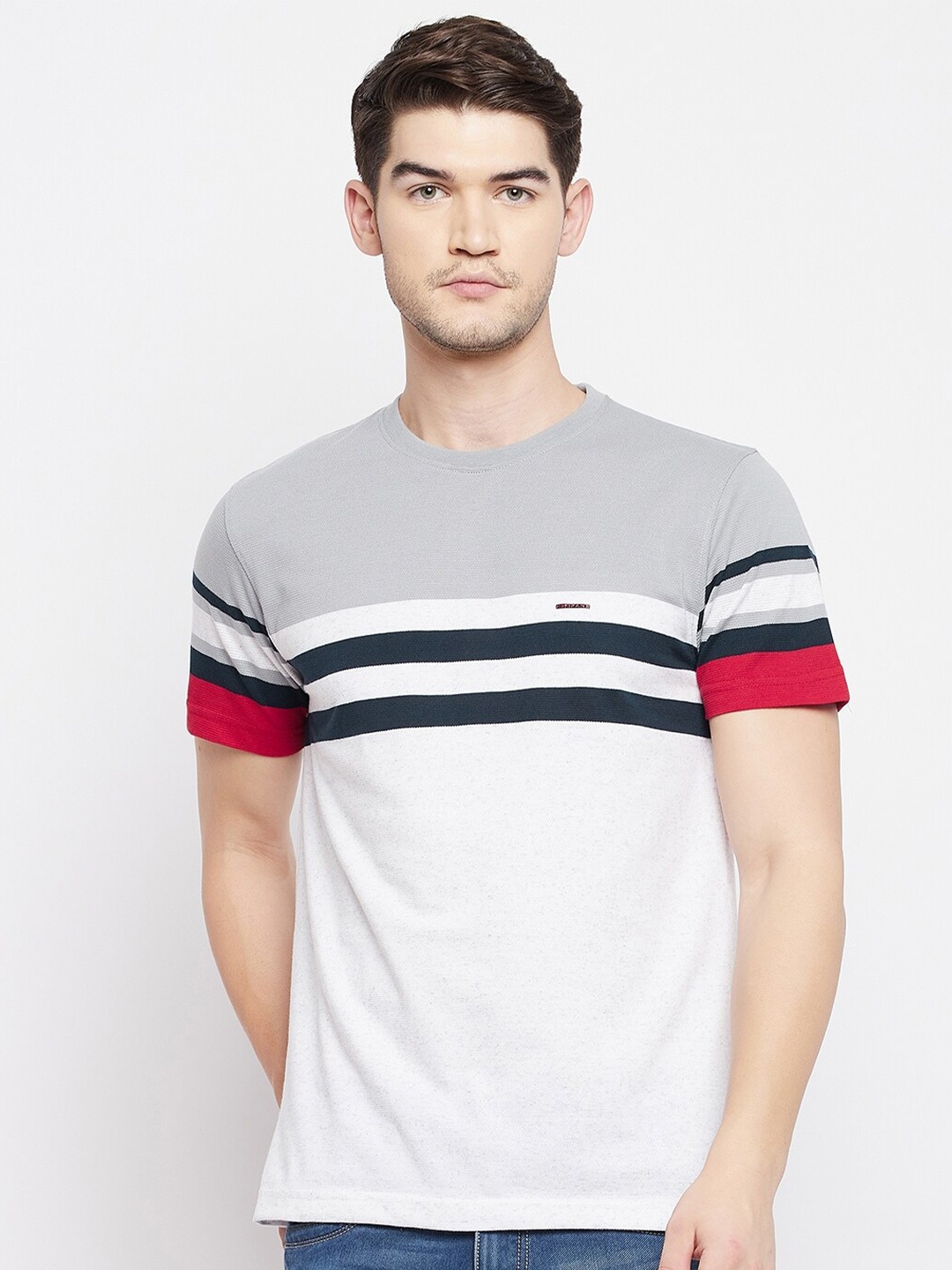 

Okane Men Grey Striped T-shirt