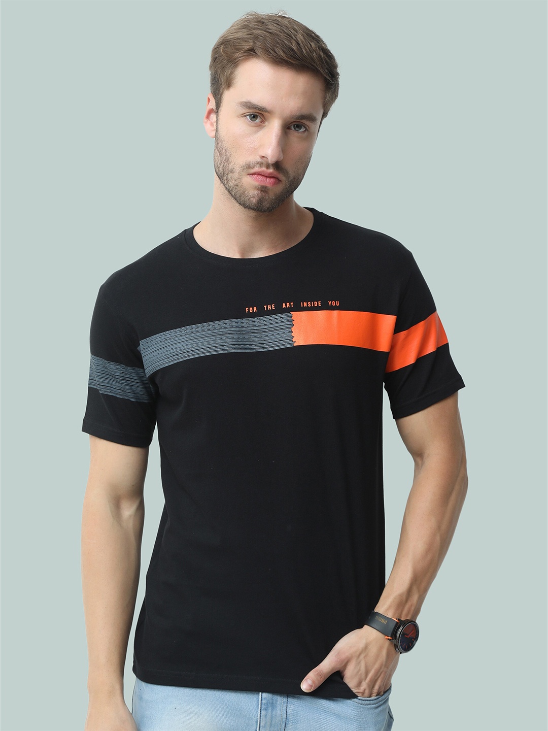 

REYA Men Orange Colourblocked T-shirt