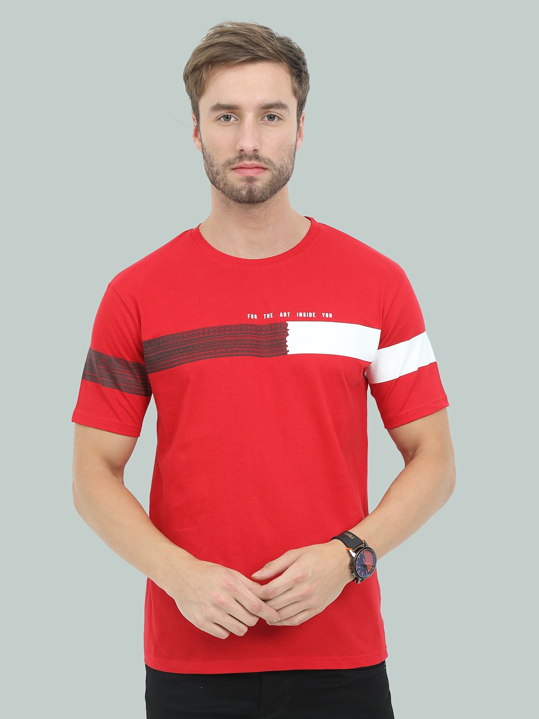 

REYA Men Red Casual Round Neck T-shirt