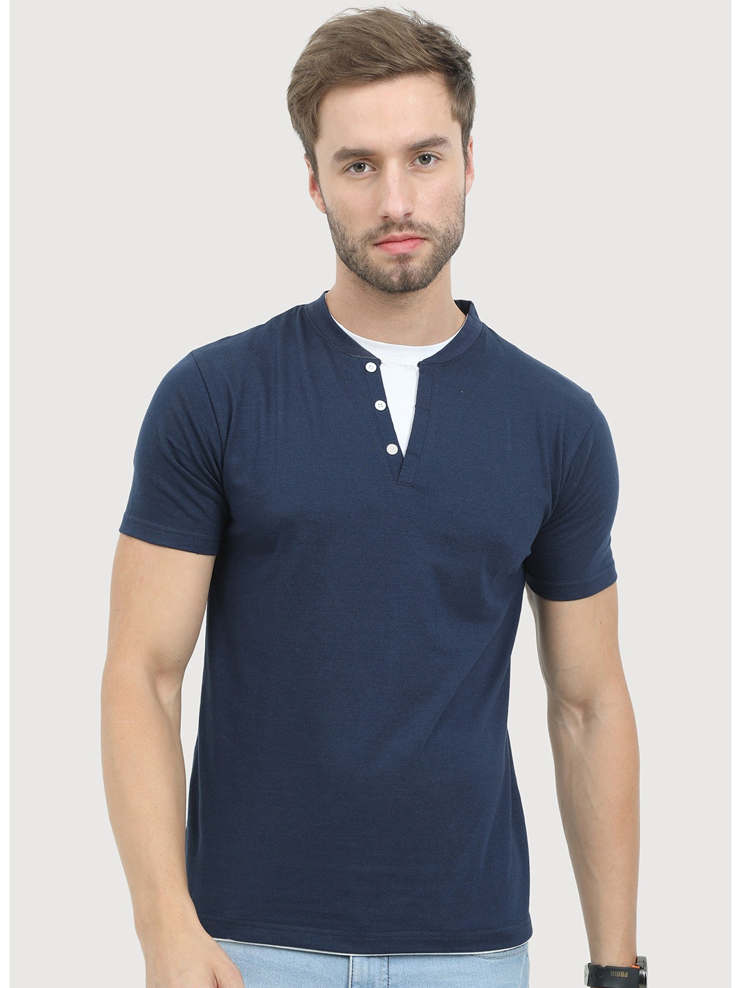 

REYA Men Blue Henley Neck Indigo Pure Cotton T-shirt