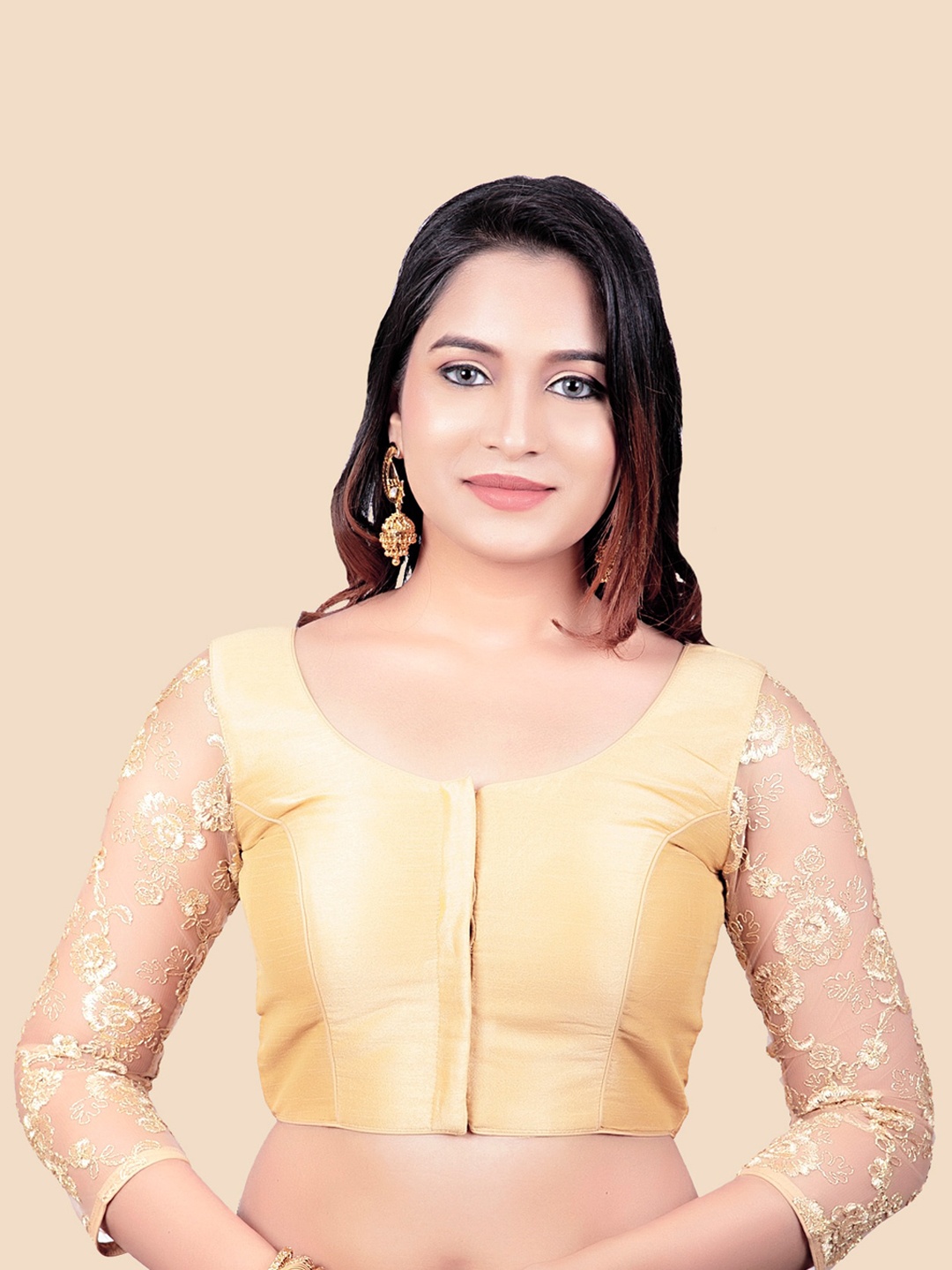 

FEMMIBELLA Women Golden Embroidered Three-Quarter Sleeves Raw Silk Blouse, Gold