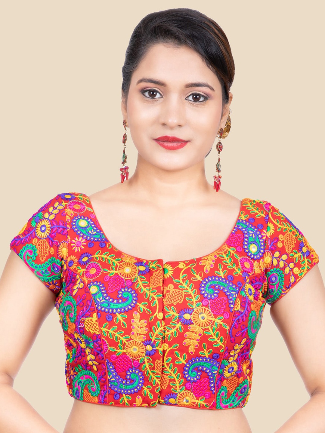 

FEMMIBELLA Women Red Kutchi Embroidered Saree Blouse