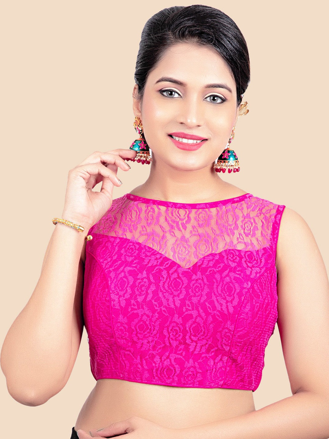 

FEMMIBELLA Women Pink Embroidered Princesss Cut Padded Readymade Saree Blouse