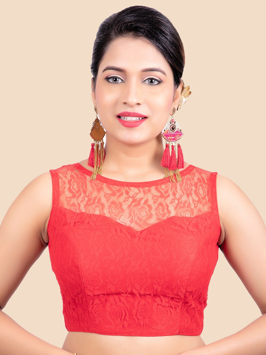 

FEMMIBELLA Women Red Net & Brasso Princesss Cut Padded Readymade Saree Blouse