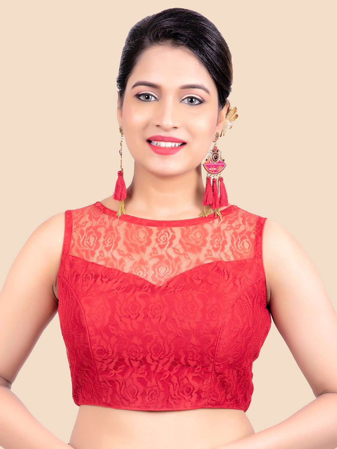 

FEMMIBELLA Red Net & Brasso Padded Readymade Saree Blouse
