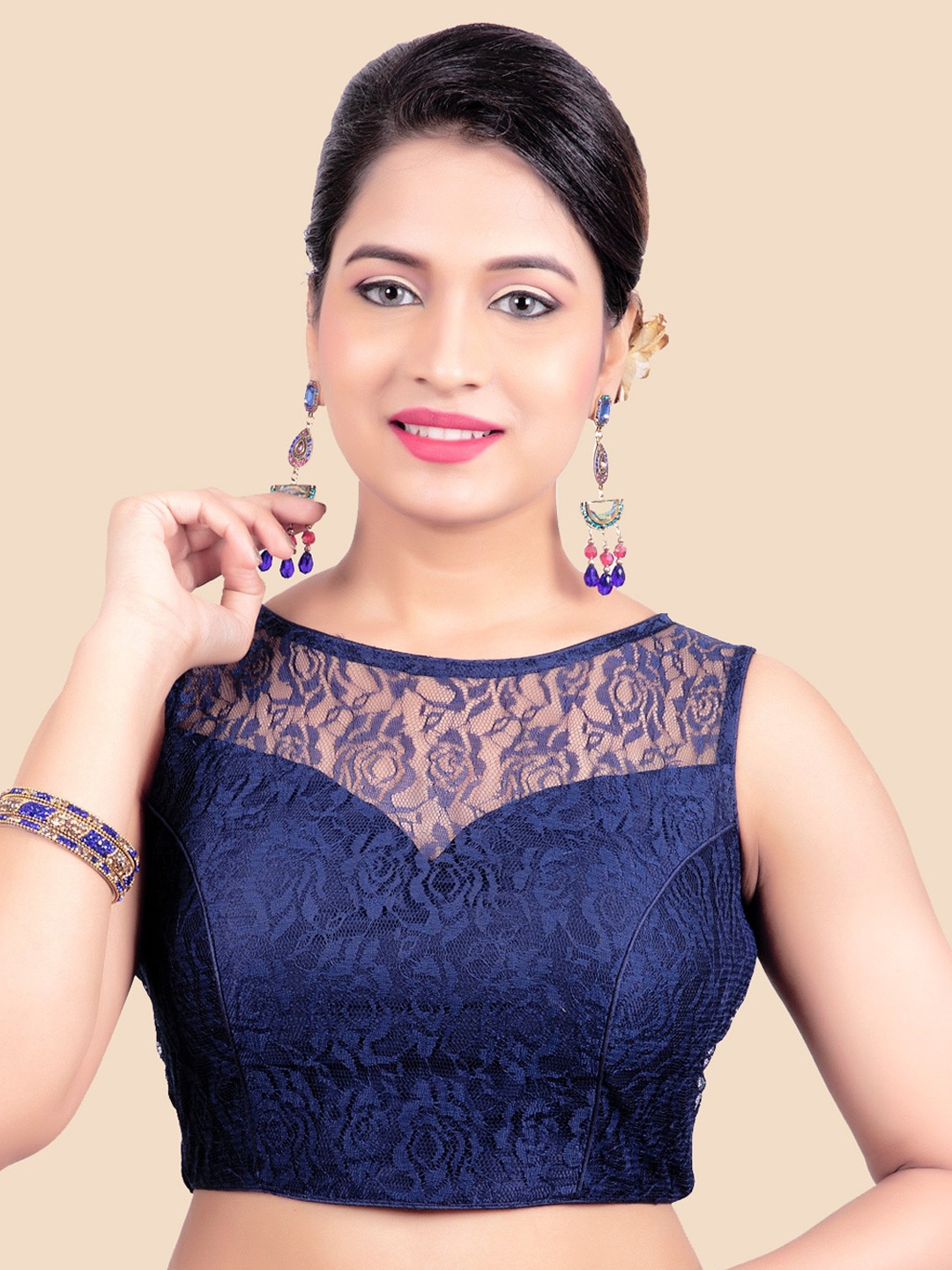 

FEMMIBELLA Women Navy Blue Net & Brasso Readymade Saree Blouse