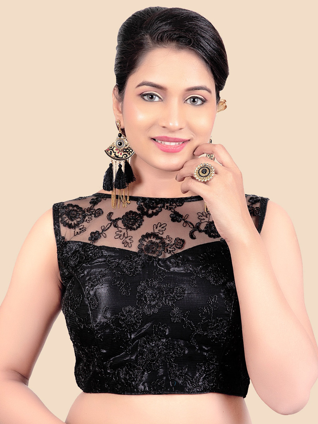 

FEMMIBELLA Women Black Net Embroidered Saree Blouse