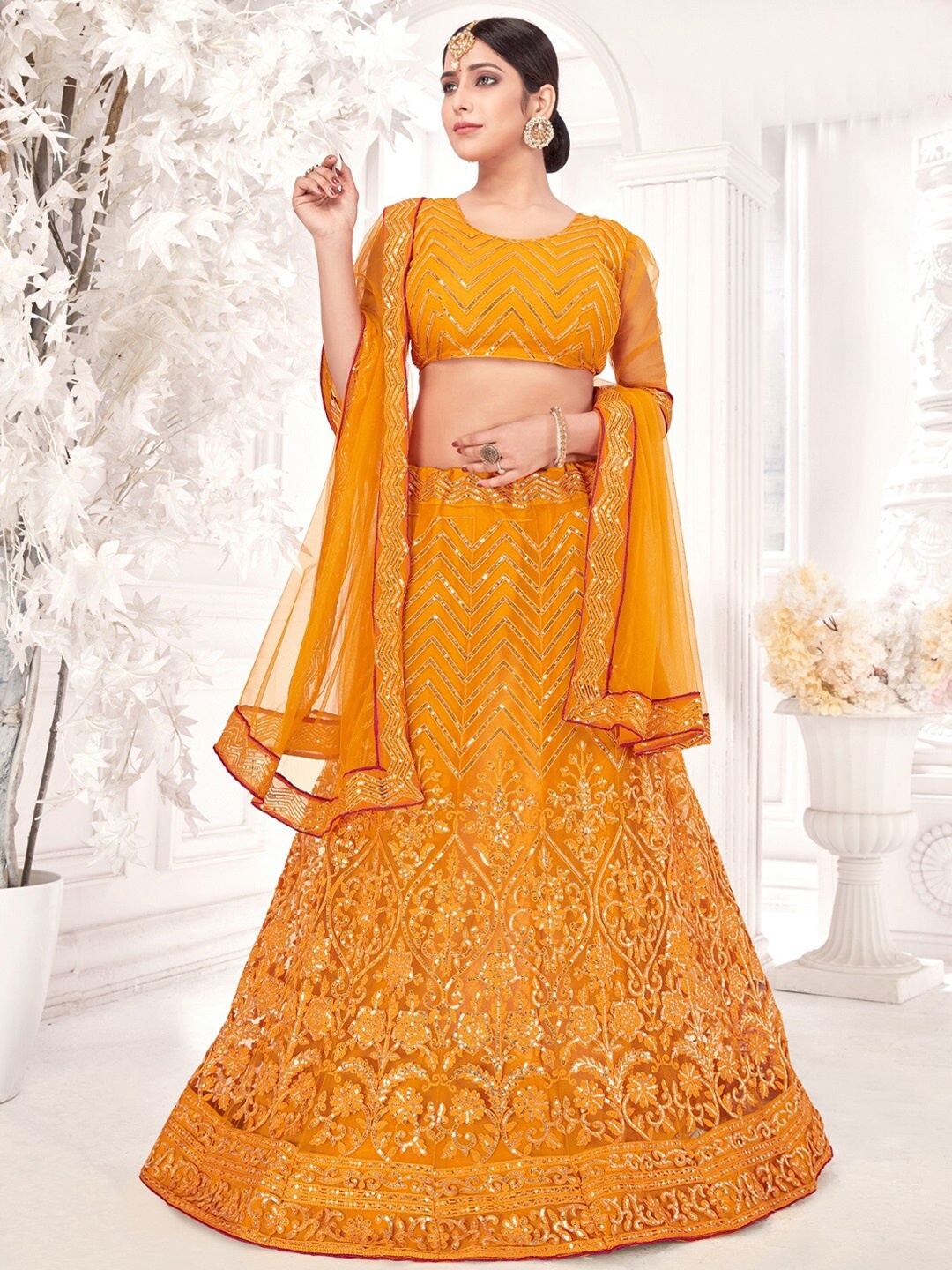 

Pandadi Saree Mustard & Gold-Toned Embroidered Sequinned Semi-Stitched Lehenga & Blouse With Dupatta