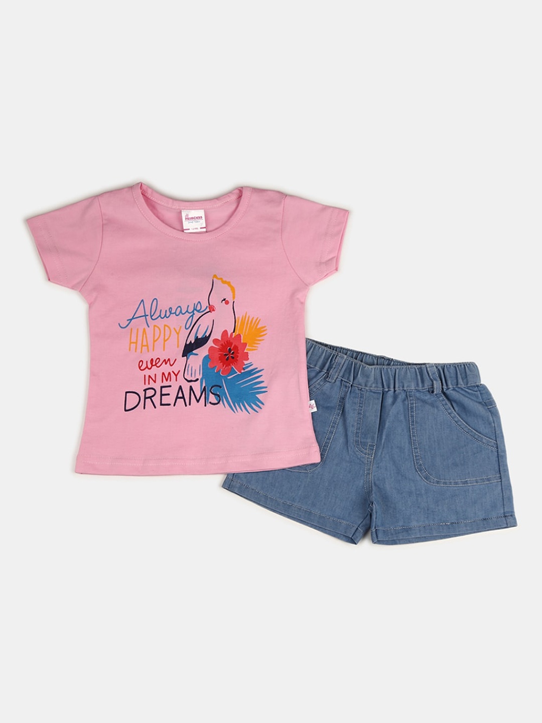 

V-Mart Girls Pink & Blue Printed Oure Cotton T-shirt with Shorts