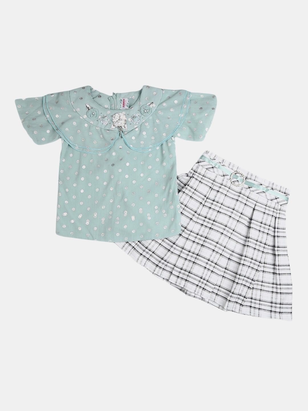 

V-Mart Girls Green & White Printed Top with Skirt