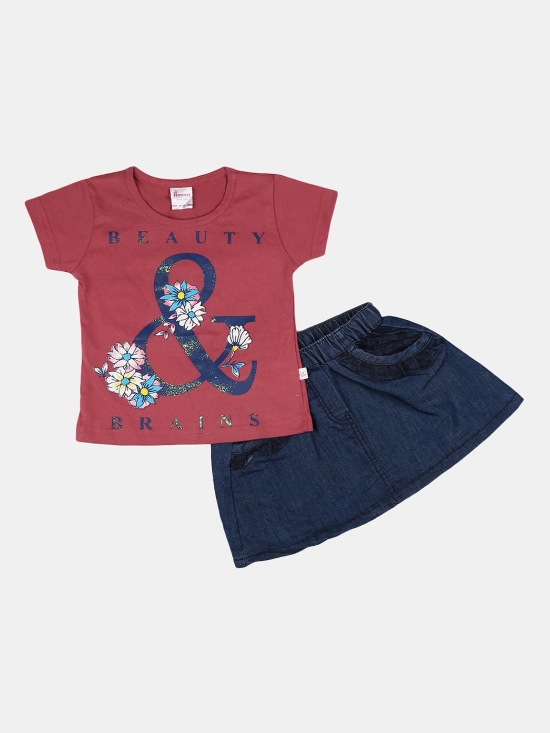 

V-Mart Unisex Kids Rust & Navy Blue Printed T-shirt with Skirt
