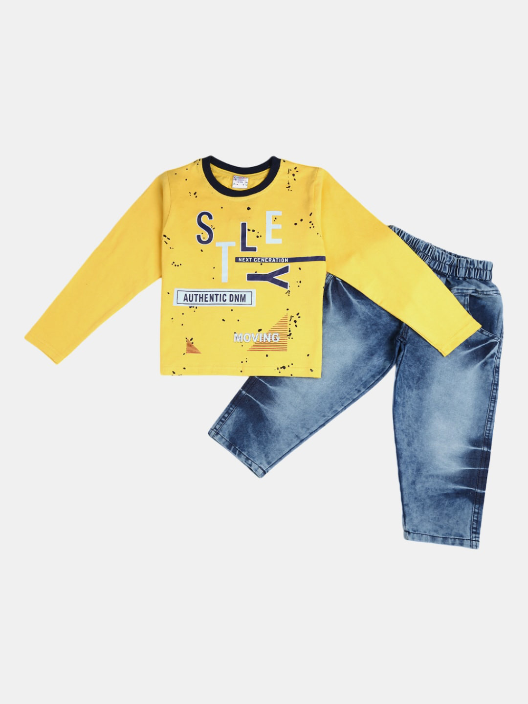 

V-Mart Boys Yellow Printed T-shirt with Denim Trousers