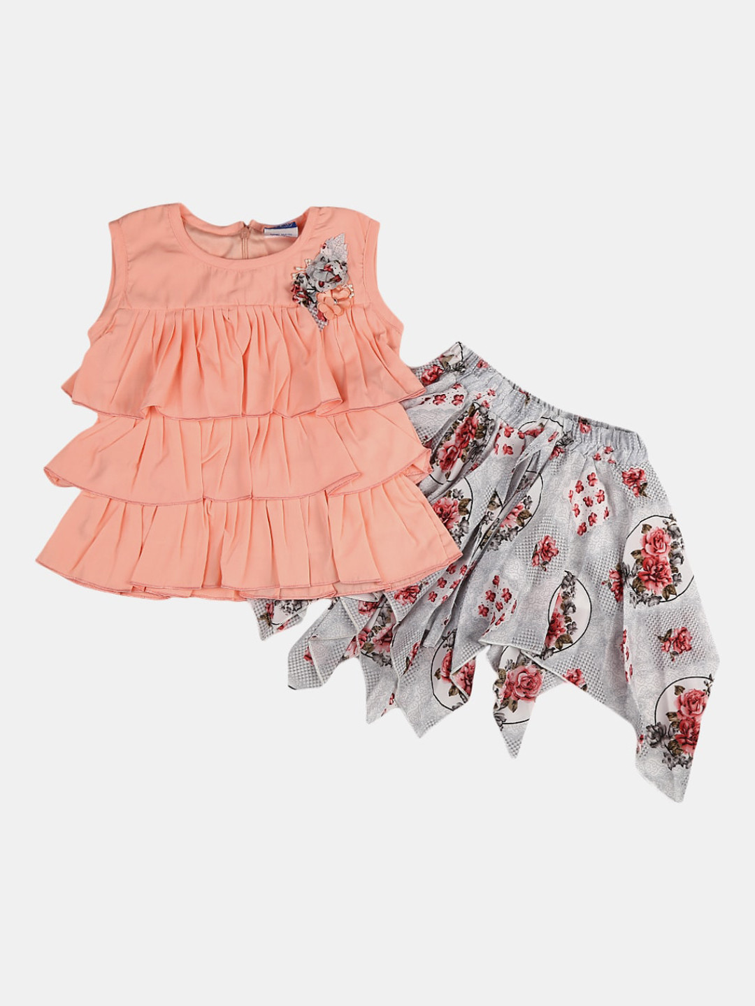 

V-Mart Girls Peach-Coloured Layered Casual Top with Skirt