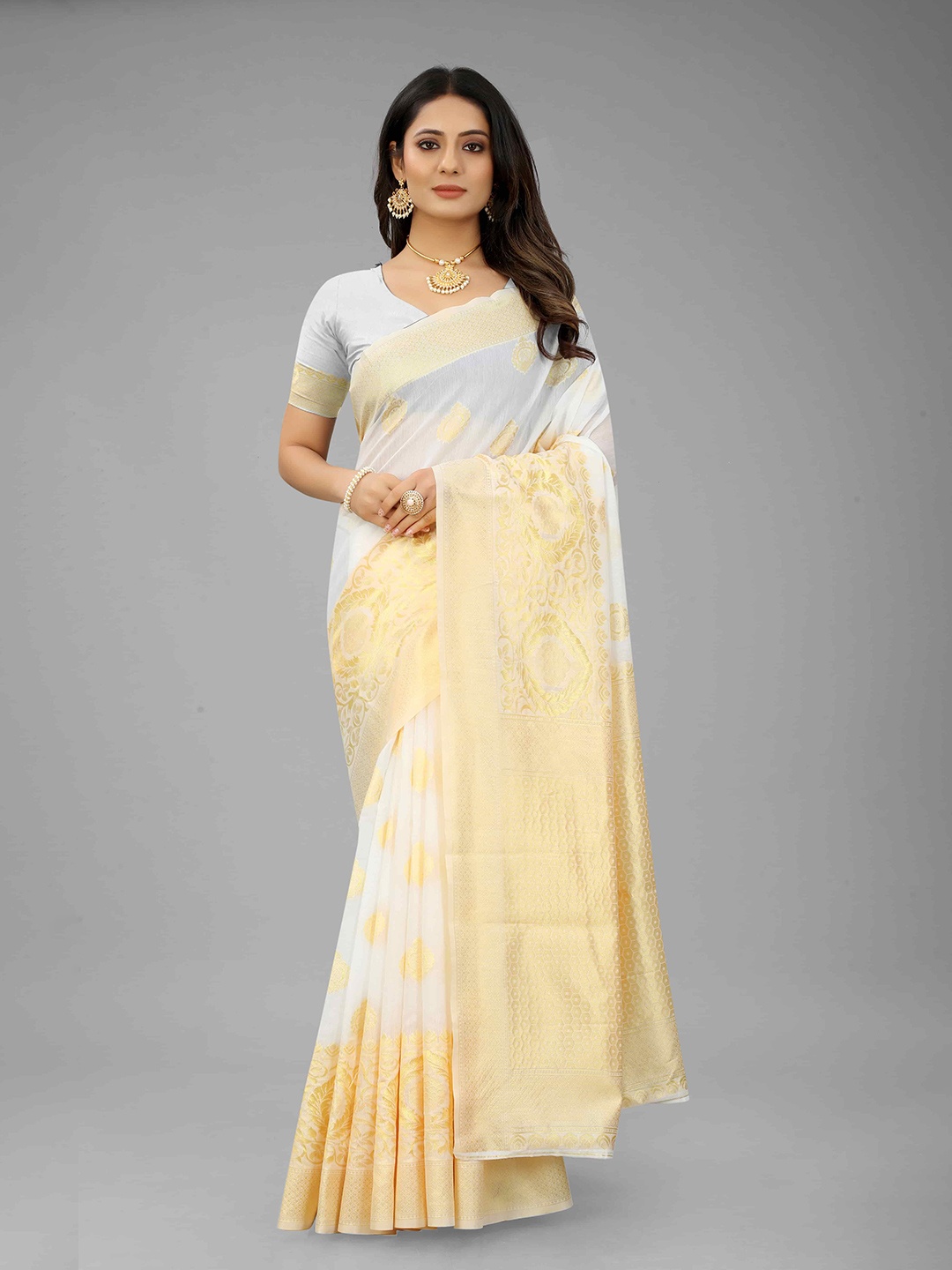 

Silk Land Women White & Gold-Toned Woven Design Zari Art Silk Kasavu Saree