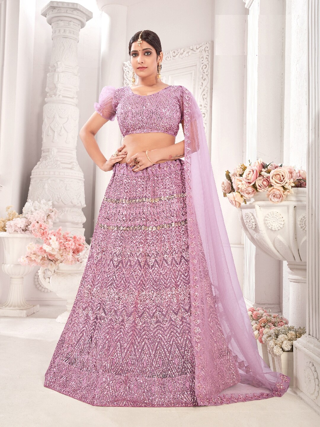 

Pandadi Saree Lavender & Silver-Toned Embroidered Sequinned Semi-Stitched Lehenga & Blouse With Dupatta