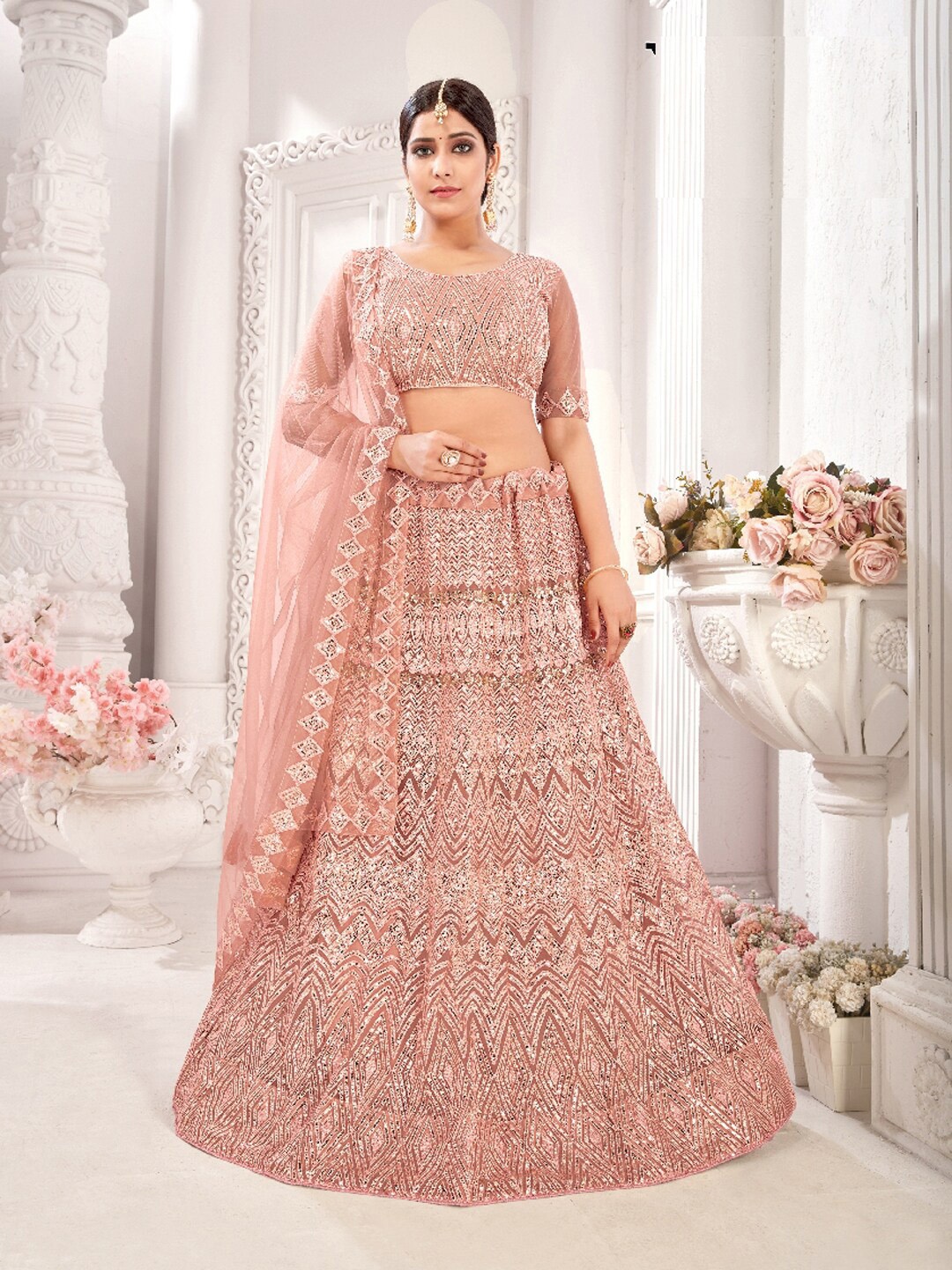 

Pandadi Saree Peach-Coloured & Silver-Toned Sequinned Semi-Stitched Lehenga & Blouse