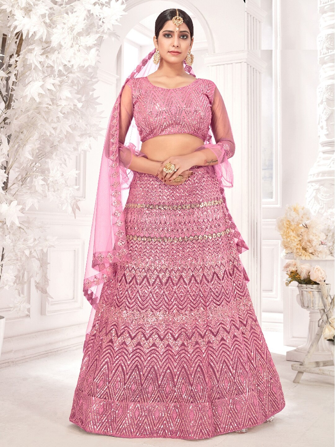 

Pandadi Saree Pink Embroidered Sequinned Semi-Stitched Lehenga & Blouse With Dupatta