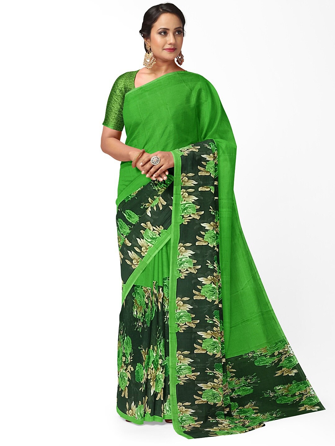 

Florence Green & Navy Blue Floral Pure Georgette Fusion Dharmavaram Saree