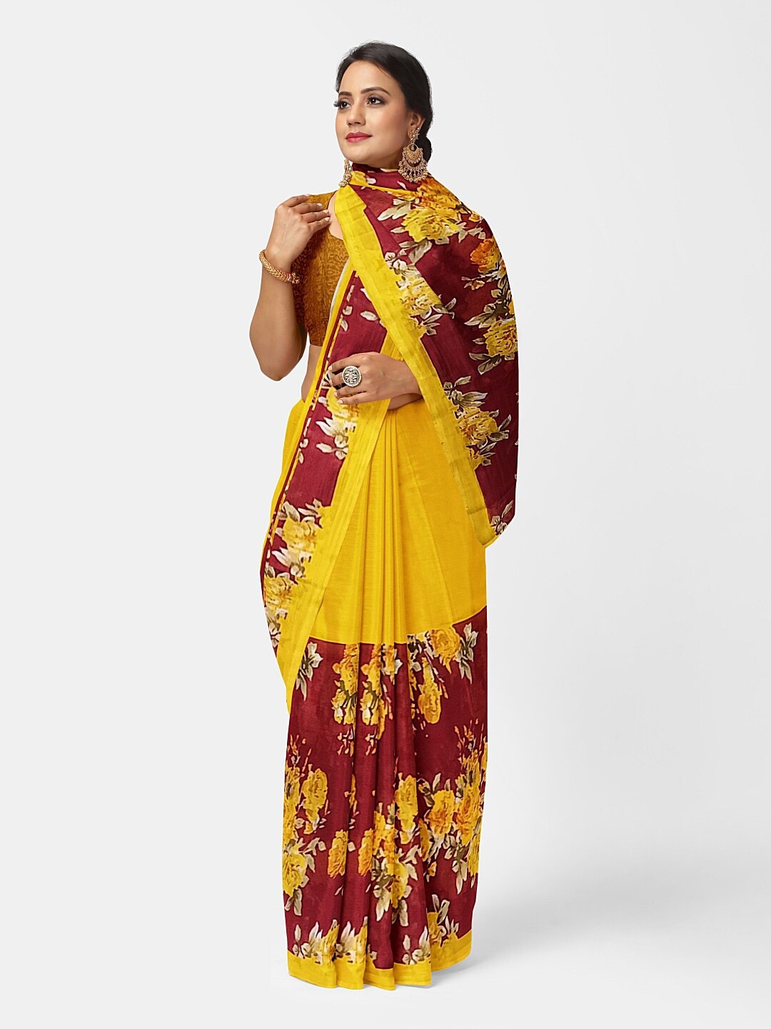 

Florence Women Yellow & Maroon Floral Printed Pure Georgette Fusion Saree