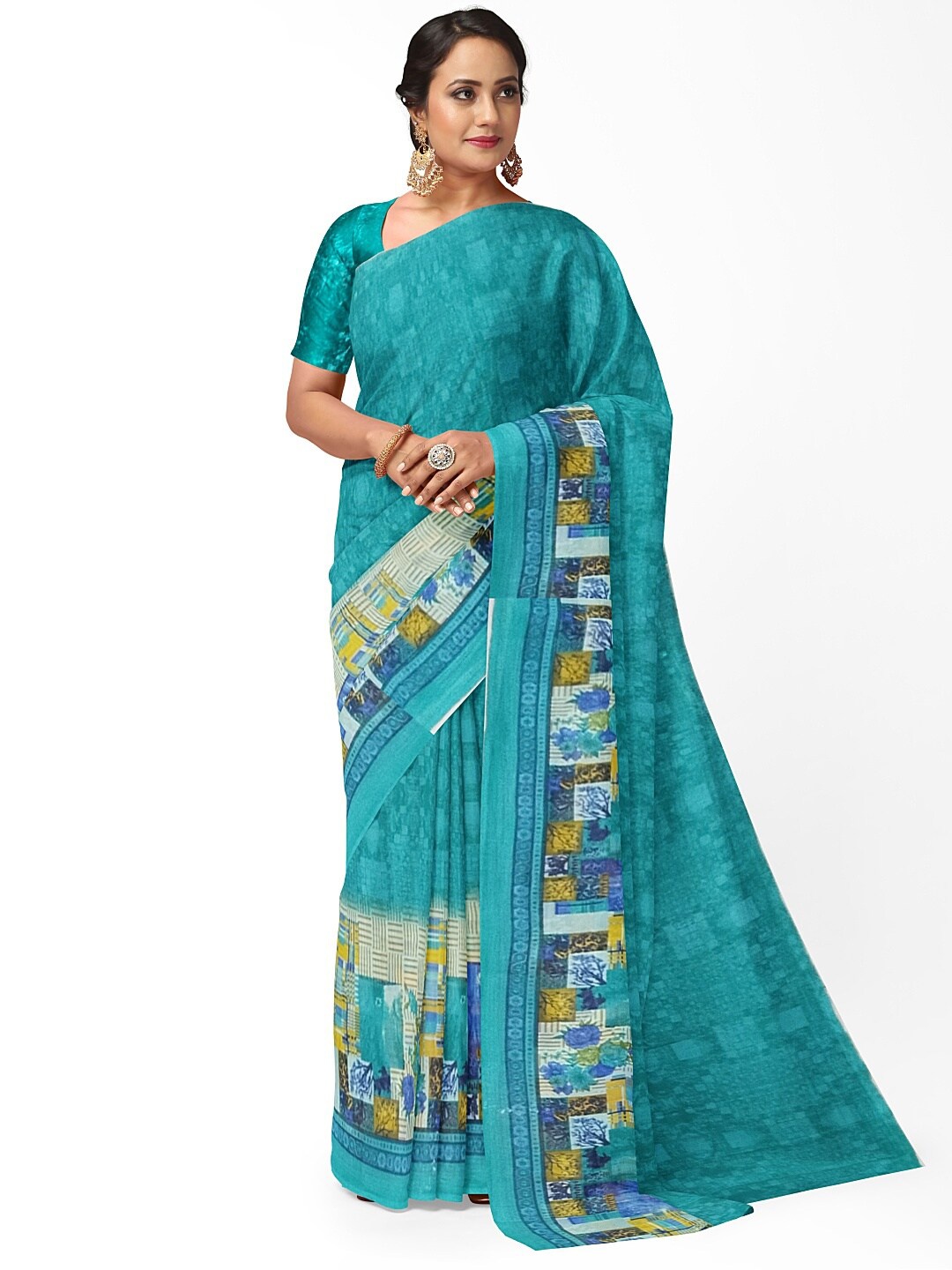 Florence Green & Blue Pure Georgette Fusion Dharmavaram Saree