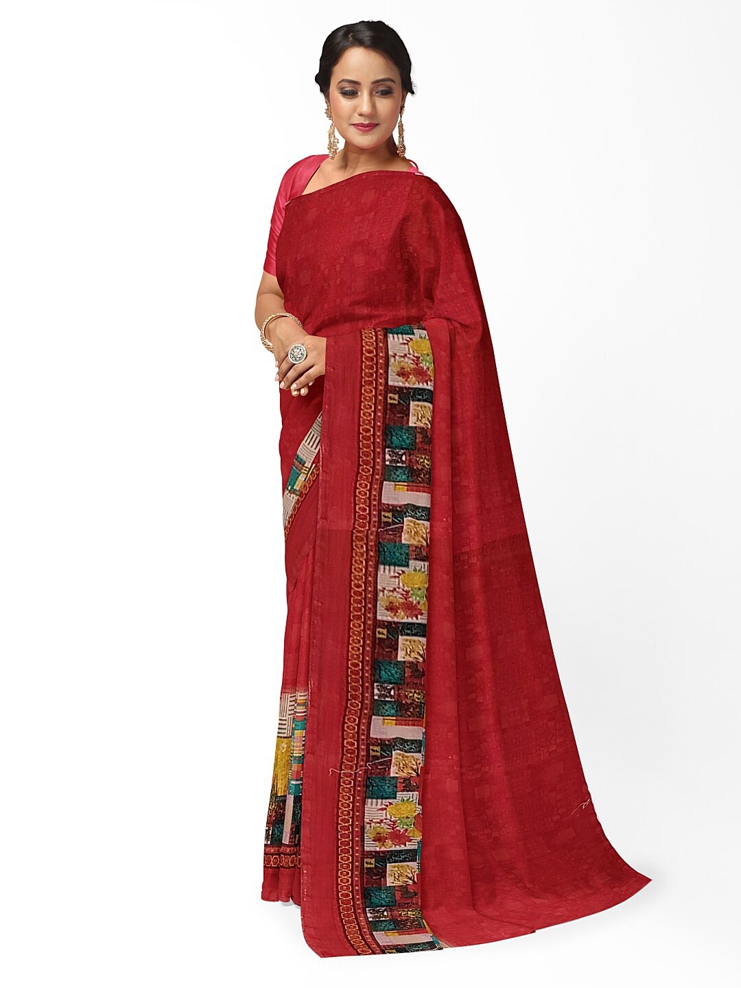 

Florence Women Multicolored Geometric Printed Pure Georgette Fusion Saree, Multi