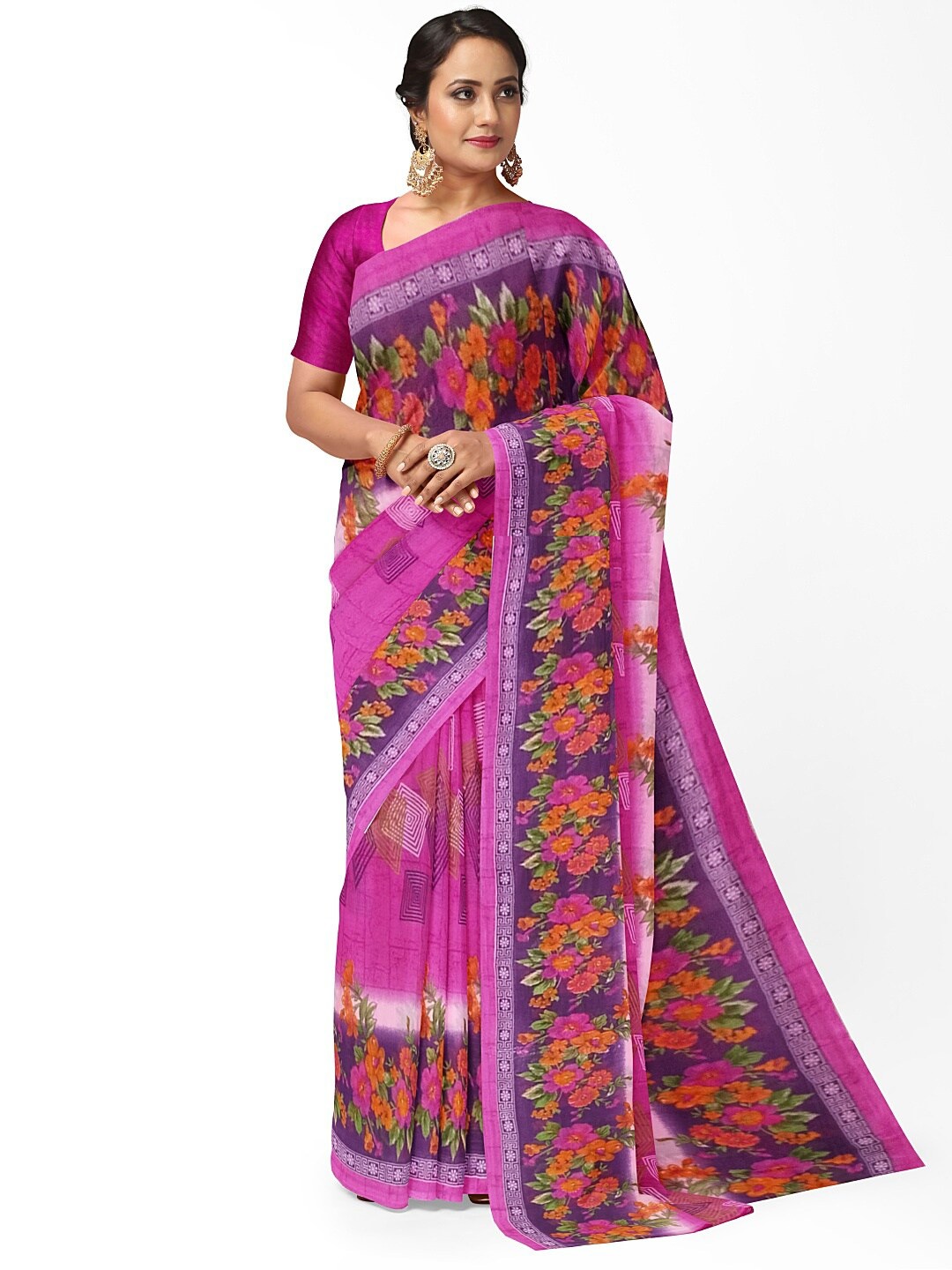 

Florence Pink & Green Floral Pure Georgette Fusion Dharmavaram Saree