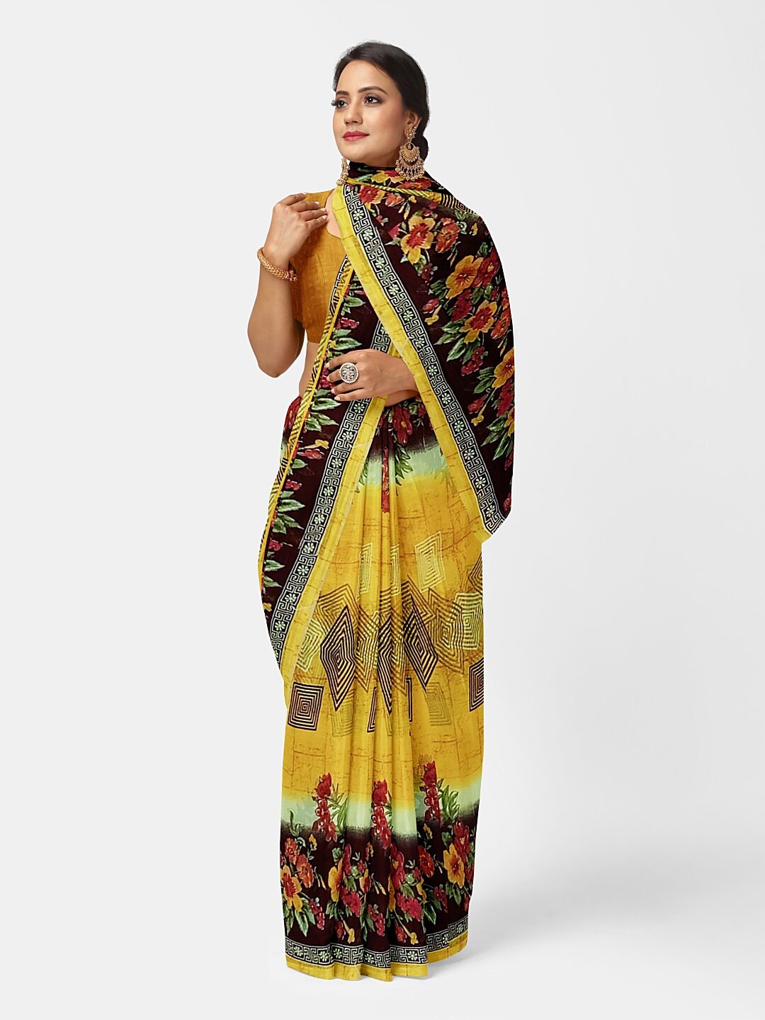 

Florence Yellow & Red Floral Pure Georgette Fusion Dharmavaram Saree