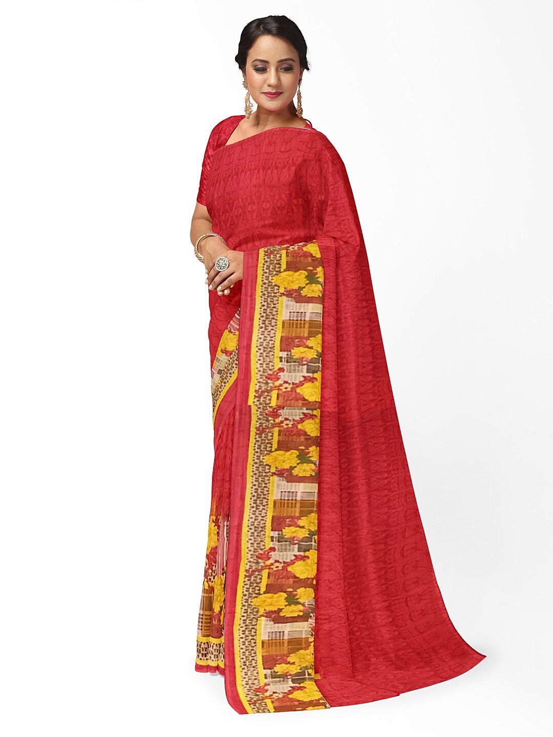 

Florence Red & Yellow Floral Pure Georgette Fusion Dharmavaram Saree