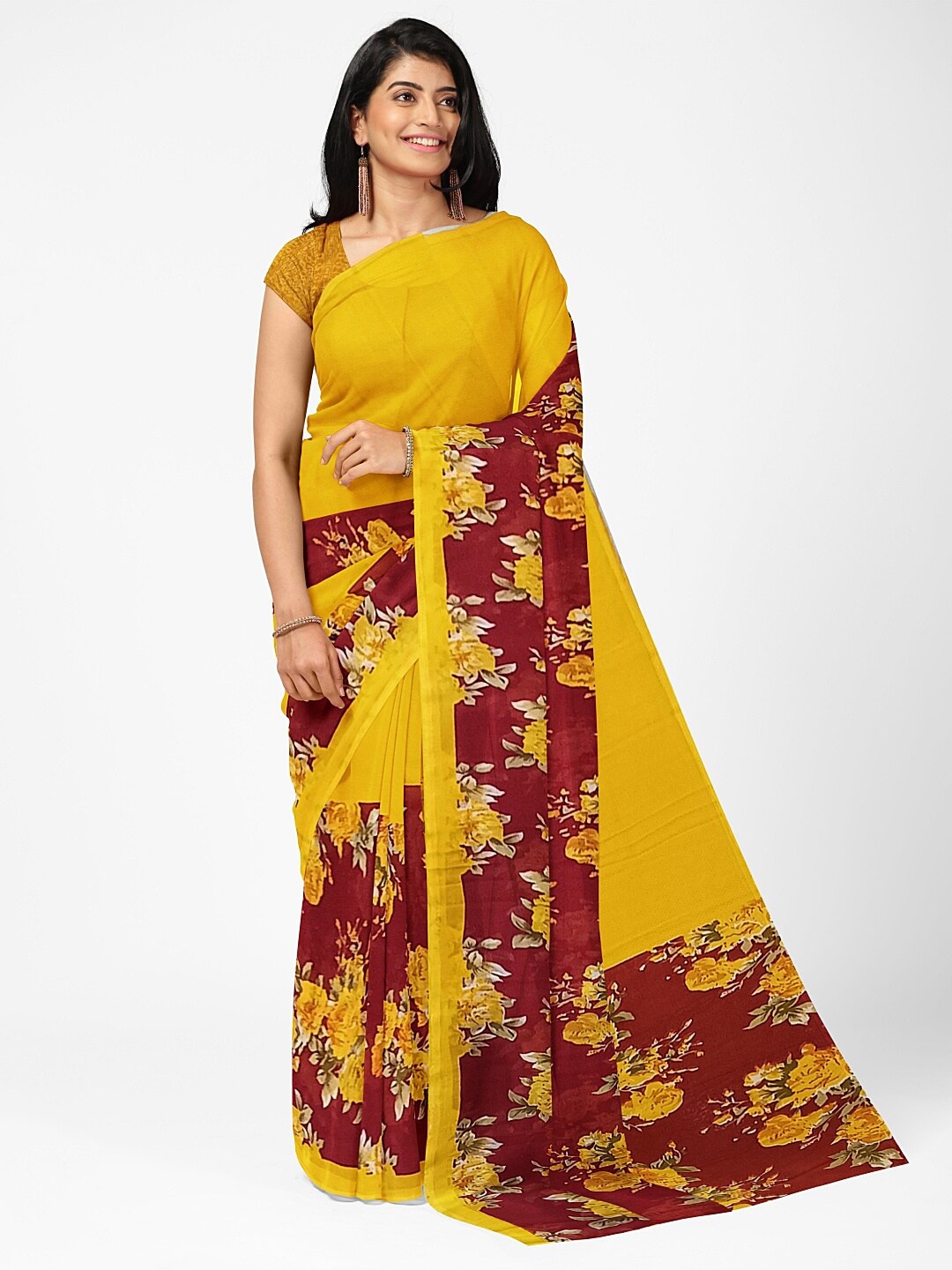 

Florence Yellow & Red Floral Pure Georgette Fusion Dharmavaram Saree