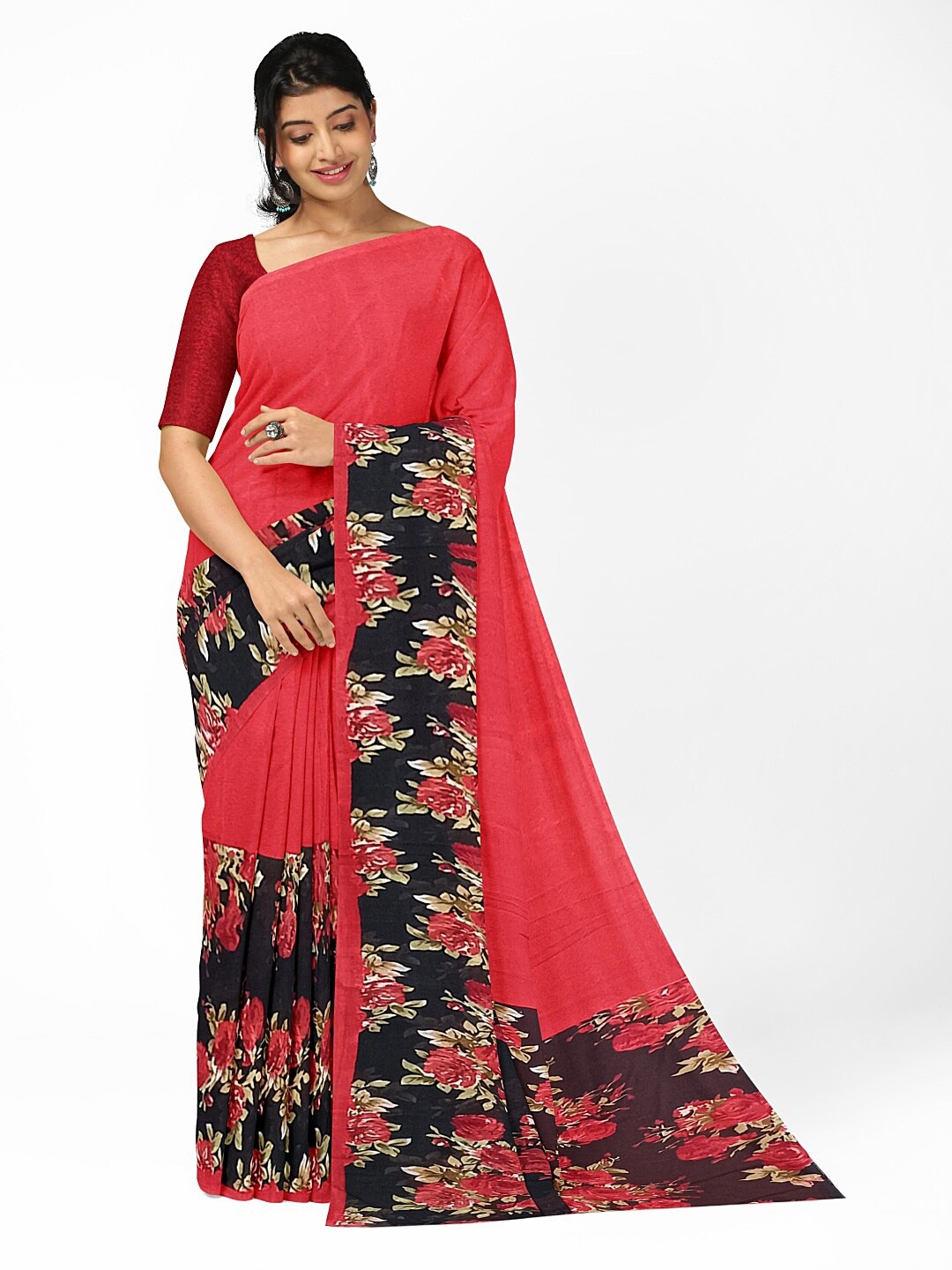 

Florence Red & Black Floral Pure Georgette Fusion Dharmavaram Saree