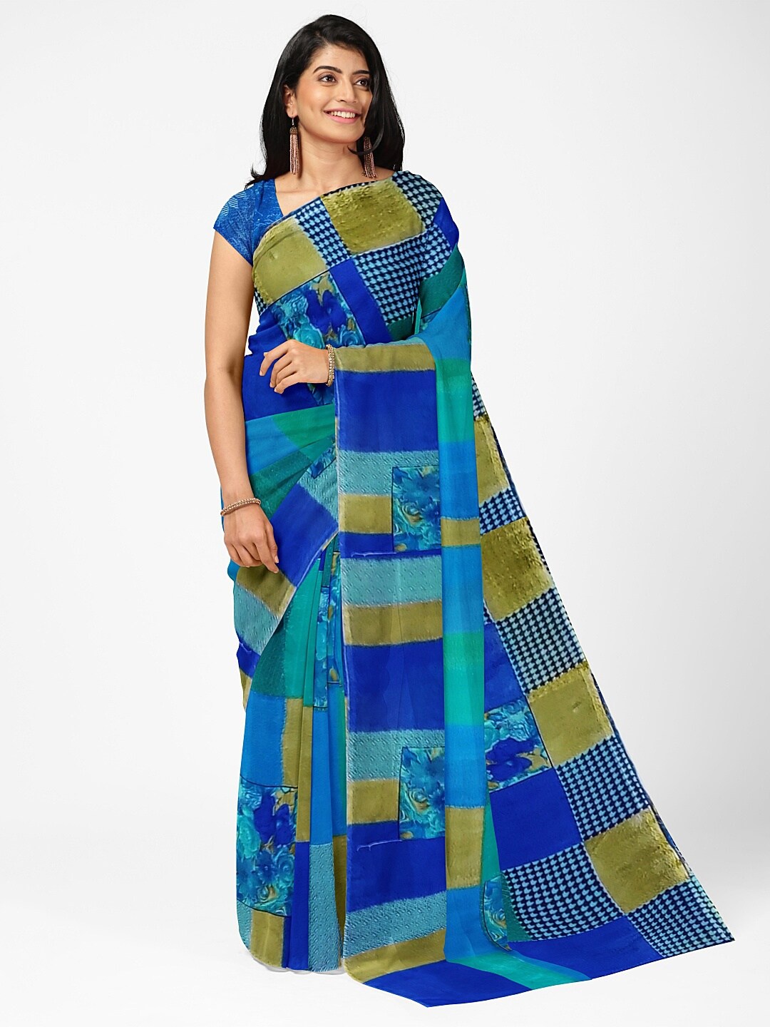 

Florence Blue & Mustard Floral Pure Georgette Fusion Dharmavaram Saree