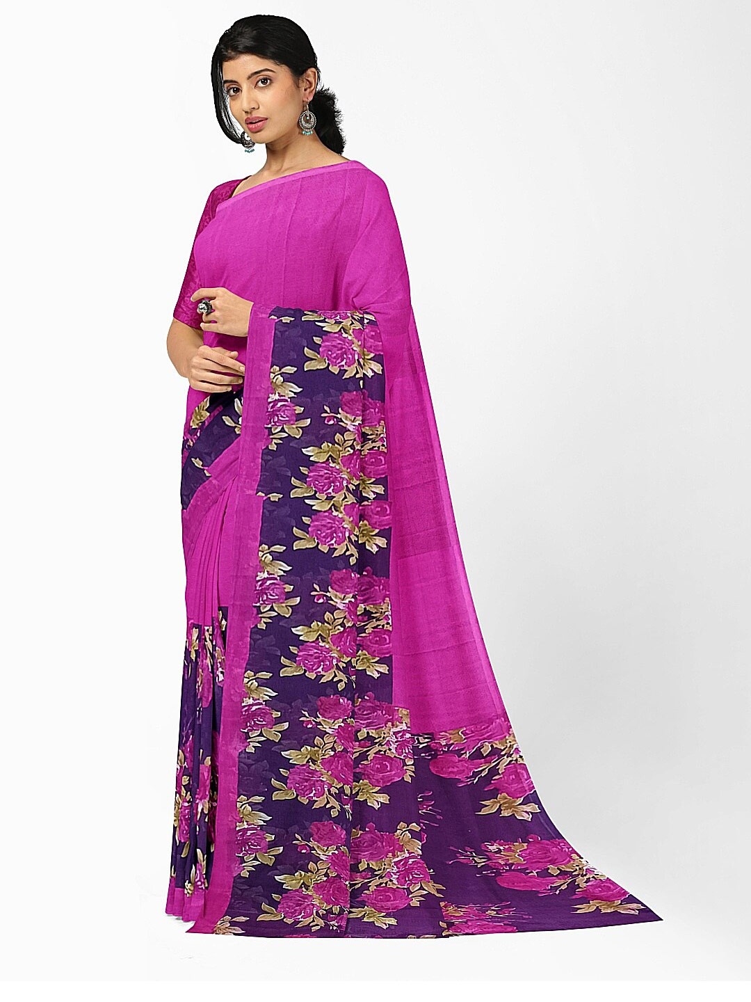 

Florence Pink & Grey Floral Pure Georgette Fusion Dharmavaram Saree